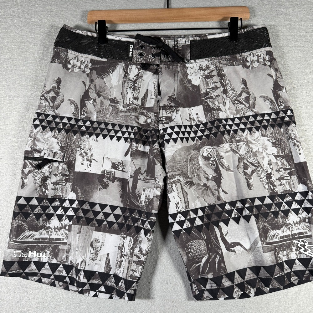 DaHui Hawaii Mens Board Shorts Size 36 Gray Black Tropical Photo Print Swim
